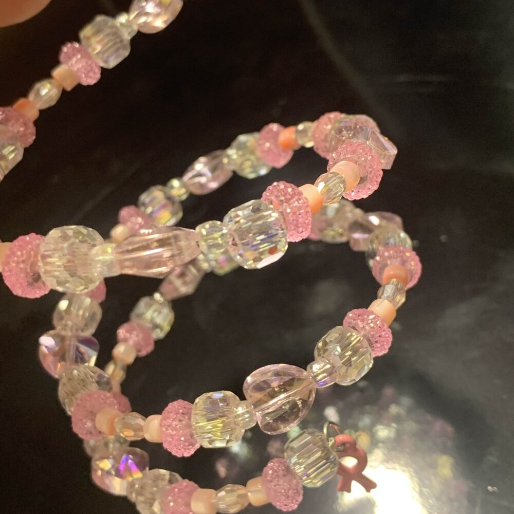 Pink Beaded Awareness Bracelet Set with Ribbon Charm - Picture 3 of 3